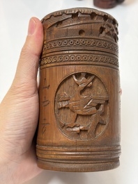 A group of 11 Chinese carved bamboo and wooden works, 19/20th C.