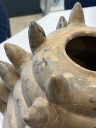 A large inscribed Chinese spiked funerary jar and cover, Northern Song, dated 1026