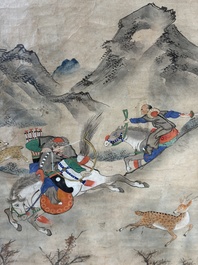 Chinese school: four 'Hunting Scene' paintings, ink and colour on paper, 19/20th C.