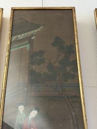Chinese school: 'Courtyard Scenes with Figures', ink and colour on silk, 19th C.