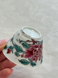 Four Chinese famille rose cups and saucers, Yongzheng/Qianlong