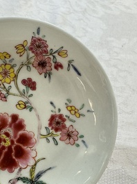 Four Chinese famille rose cups and saucers, Yongzheng/Qianlong