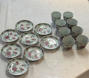 Eight sets of Chinese famille rose cups and saucers with floral design, Qianlong