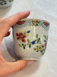 Eight sets of Chinese famille rose cups and saucers with floral design, Qianlong