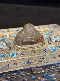 A Chinese enamelled silver rectangular casket adorned with an agate Millefo Buddha, 20th C.