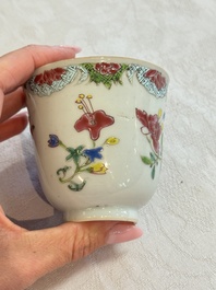 Eight sets of Chinese famille rose cups and saucers with floral design, Qianlong
