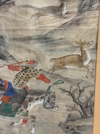 Chinese school: four 'Hunting Scene' paintings, ink and colour on paper, 19/20th C.