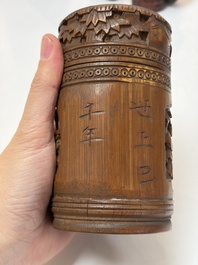 A group of 11 Chinese carved bamboo and wooden works, 19/20th C.