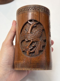 A group of 11 Chinese carved bamboo and wooden works, 19/20th C.