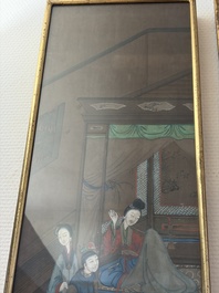 Chinese school: 'Courtyard Scenes with Figures', ink and colour on silk, 19th C.