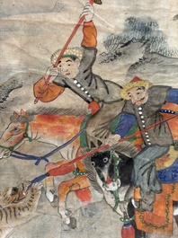Chinese school: four 'Hunting Scene' paintings, ink and colour on paper, 19/20th C.