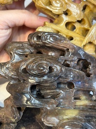 A fine Chinese carved soapstone 'Dragons among Clouds' group and a 'Phoenixes and Cranes' group, 20th C.