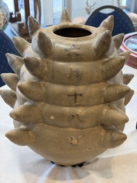 A large inscribed Chinese spiked funerary jar and cover, Northern Song, dated 1026