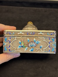 A Chinese enamelled silver rectangular casket adorned with an agate Millefo Buddha, 20th C.