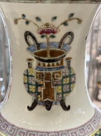 A Chinese famille rose 'Antiquities' vase, signed Zha Bing He Shi 查炳和氏, 19th C.