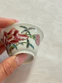 Four Chinese famille rose cups and saucers, Yongzheng/Qianlong