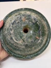 A Chinese green-glazed pottery 'Boshanlu' stemmed censer and cover, Han
