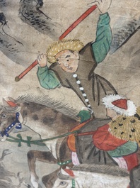 Chinese school: four 'Hunting Scene' paintings, ink and colour on paper, 19/20th C.