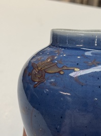 A rare pair of Japanese gilt-decorated blue-ground vases, Edo, late 17th C.