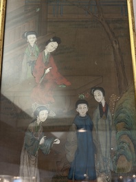 Chinese school: 'Courtyard Scenes with Figures', ink and colour on silk, 19th C.