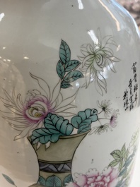 A Chinese famille rose 'Meng Mu San Qian 孟母三遷' and 'Antiquities' vase, signed Ye Yichun 葉宜春, dated 1923