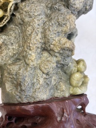 A fine Chinese carved soapstone 'Squirrels and Grapes' group and a 'Phoenixes among Peonies' group, 20th C.
