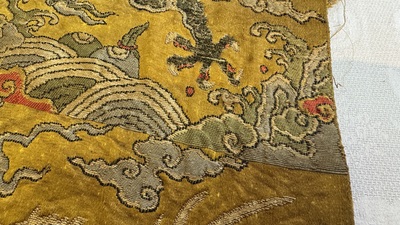 Two Chinese yellow-ground kesi silk 'Dragon' panels, late Ming
