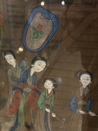 Chinese school: 'Courtyard Scenes with Figures', ink and colour on silk, 19th C.