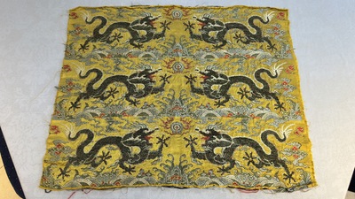 Two Chinese yellow-ground kesi silk 'Dragon' panels, late Ming
