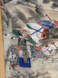 Chinese school: four 'Hunting Scene' paintings, ink and colour on paper, 19/20th C.