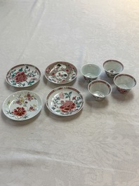 Four Chinese famille rose cups and saucers, Yongzheng/Qianlong