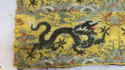 Two Chinese yellow-ground kesi silk 'Dragon' panels, late Ming