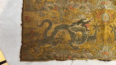 Two Chinese yellow-ground kesi silk 'Dragon' panels, late Ming
