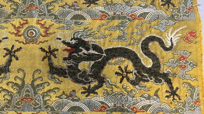 Two Chinese yellow-ground kesi silk 'Dragon' panels, late Ming