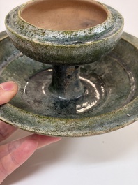 A Chinese green-glazed pottery 'Boshanlu' stemmed censer and cover, Han