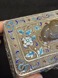A Chinese enamelled silver rectangular casket adorned with an agate Millefo Buddha, 20th C.