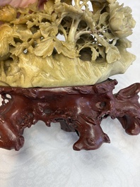 A fine Chinese carved soapstone 'Squirrels and Grapes' group and a 'Phoenixes among Peonies' group, 20th C.