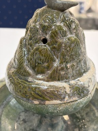 A Chinese green-glazed pottery 'Boshanlu' stemmed censer and cover, Han