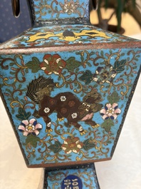 A Chinese cloisonn&eacute; square 'Buddhist Lions and Antiquities' vase, Fu 福 mark, 19th C.