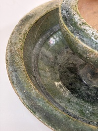 A Chinese green-glazed pottery 'Boshanlu' stemmed censer and cover, Han