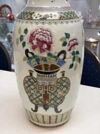 A Chinese famille rose 'Antiquities' vase, signed Zha Bing He Shi 查炳和氏, 19th C.