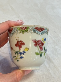 Eight sets of Chinese famille rose cups and saucers with floral design, Qianlong