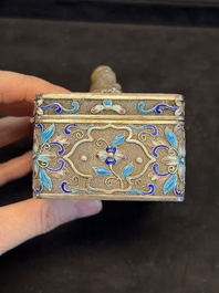 A Chinese enamelled silver rectangular casket adorned with an agate Millefo Buddha, 20th C.