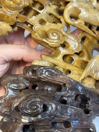 A fine Chinese carved soapstone 'Dragons among Clouds' group and a 'Phoenixes and Cranes' group, 20th C.