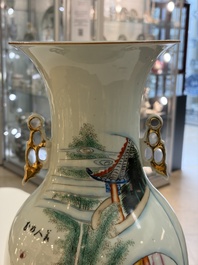 Three Chinese famille rose vases, signed Hu Yuanxin 胡源鑫, Luo Yisheng 羅義盛 and Wang Shengtai 汪生泰, 20th C.