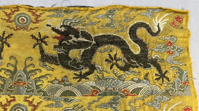 Two Chinese yellow-ground kesi silk 'Dragon' panels, late Ming