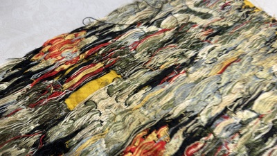 Two Chinese yellow-ground kesi silk 'Dragon' panels, late Ming