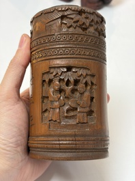 A group of 11 Chinese carved bamboo and wooden works, 19/20th C.