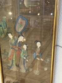 Chinese school: 'Courtyard Scenes with Figures', ink and colour on silk, 19th C.