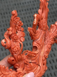 A Chinese carved red coral 'Goddess and Boy' group, 19/20th C.
